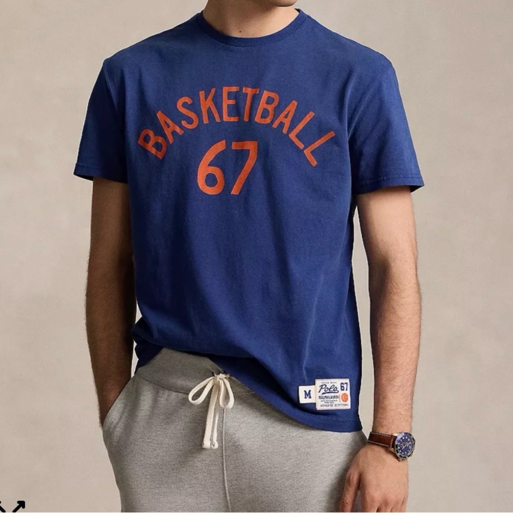 Ralph Lauren Blue Tee with Orange 'Basketball 67' Graphic